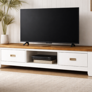 Coastal White TV Unit with Oak Top